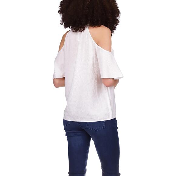 Michael Kors Women White Viscose Seersucker Casual Cold-Shoulder Top Size L - Picture 3 of 3